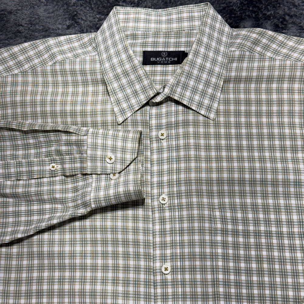 Bugatchiโ Uomo Button Down Shirt Mens XXL Olive Green Plaid Long Sleeve